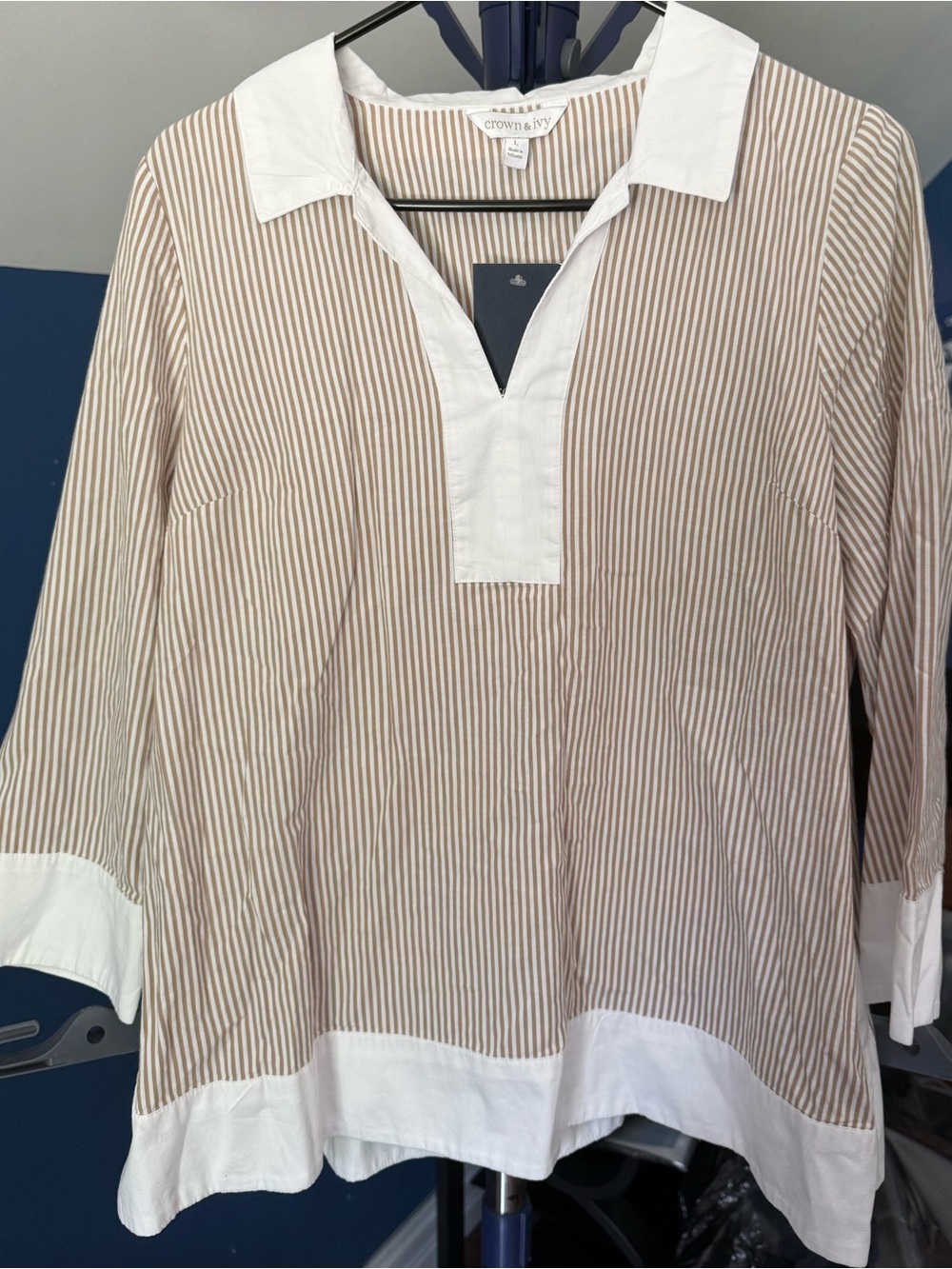 NWT Crown & Ivy Tan White Striped Tunic Top Women’s Large 100% Cotton